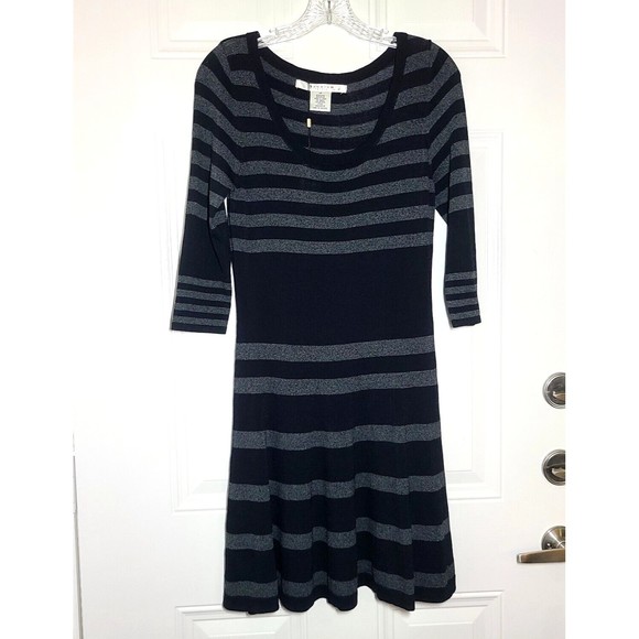 Max Studio Dress Size MP Fit Flare Stripe Black Gray 3/4 Sleeve Stretch - Picture 1 of 9